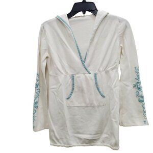 Athleta Women's White Aqua‎ Boho Embroidered Hooded Long Sleeve Surplus Tunic M